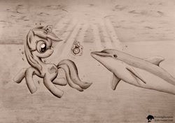 Size: 1500x1057 | Tagged: safe, artist:rockingscorpion, sea swirl, seafoam, dolphin, anatomically incorrect, incorrect leg anatomy, magic, monochrome, ocean, solo, traditional art