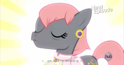 Size: 1151x607 | Tagged: safe, derpibooru import, screencap, prim hemline, rarity takes manehattan, hub logo, meme, solo, youtube caption