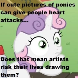 Size: 500x500 | Tagged: safe, derpibooru import, edit, edited screencap, screencap, sweetie belle, pony, unicorn, ponyville confidential, cropped, female, filly, floppy ears, hoof on chin, horn, meme, solo, sudden clarity sweetie belle, text, two toned mane, white coat, wide eyes