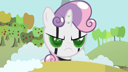 Size: 1278x720 | Tagged: safe, derpibooru import, screencap, sweetie belle, sweetie bot, pony, robot, unicorn, friendship is witchcraft, apple tree, female, filly, foal, grumpy, grumpy belle, horn, reaction image, solo, tree