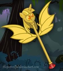 Size: 1161x1305 | Tagged: safe, artist:thepatrollpl, derpibooru import, alicorn, bat pony, pony, bat ponified, everfree forest, race swap, solo, twilight scepter