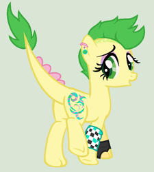 Size: 622x690 | Tagged: safe, artist:unoriginai, oc, oc only, oc:soft talon, dracony, hybrid, clothes, fingerless gloves, gauges, gloves, interspecies offspring, leg warmers, offspring, parent:fluttershy, parent:spike, parents:flutterspike, piercing, simple, solo, tattoo