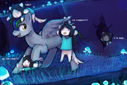 Size: 1125x750 | Tagged: safe, artist:lumineko, oc, oc only, oc:right away, pegasus, pony, bob (undertale), cave, commission, male, mushrooms, stallion, temmie, temmie village, undertale