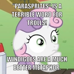 Size: 500x500 | Tagged: safe, derpibooru import, edit, edited screencap, screencap, sweetie belle, pony, unicorn, ponyville confidential, cropped, exploitable meme, female, filly, floppy ears, hoof on chin, horn, meme, solo, sudden clarity sweetie belle, text, two toned mane, white coat, wide eyes