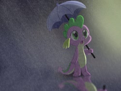 Size: 2048x1536 | Tagged: safe, artist:littleovertures, spike, dragon, rain, solo, umbrella