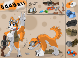 Size: 2000x1500 | Tagged: safe, artist:kassc, oc, oc only, oc:oddball, diamond dog, pony, rat, bipedal, collar, floppy ears, glare, goggles, gritted teeth, growling, gun, male, nose wrinkle, open mouth, reference sheet, scared, smiling, solo, weapon