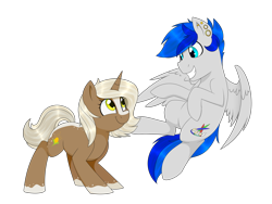 Size: 2400x1800 | Tagged: safe, artist:notenoughapples, oc, oc only, oc:daybreak, oc:turquoise, pegasus, pony, unicorn, blaze (coat marking), cute, flying, palomino, turbreak