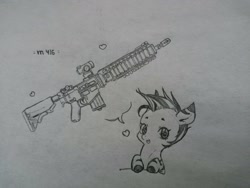 Size: 1280x960 | Tagged: safe, artist:wimcrustum, derpibooru import, zebra, gun, heart, heckler and koch, hk416, monochrome, rifle, sketch, solo, traditional art