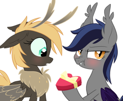 Size: 1154x947 | Tagged: safe, artist:equestria-prevails, oc, oc only, oc:echo, bat pony, mothpony, original species, /mlp/, :t, blushing, cute, fangs, female, floppy ears, fluffy, frown, hoof hold, interspecies, lesbian, moth pony general, nose wrinkle, open mouth, scrunchy face, simple background, surprised, transparent background, tsundere