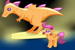 Size: 1280x853 | Tagged: safe, artist:malwinters, derpibooru import, scootaloo, dinosaur, implied scootachicken