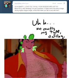 Size: 685x780 | Tagged: safe, artist:moonblizzard, spike, dragon, ask, beauty and the beast, gaston, rarity answers, solo, tumblr