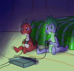 Size: 1655x1591 | Tagged: safe, artist:fuzebox, spike, oc, dragon, baby dragon, bed, controller, shadow, sitting, video game