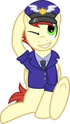 Size: 1090x1920 | Tagged: dead source, safe, artist:toughbluff, care package, special delivery, pegasus, pony, clothes, hat, male, necktie, shirt, simple background, sitting, smiling, solo, stallion, transparent background, underhoof, uniform, vector, wink