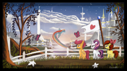 Size: 4122x2314 | Tagged: safe, artist:auroriia, derpibooru import, apple bloom, scootaloo, sweetie belle, earth pony, pegasus, pony, unicorn, flight to the finish, coach rainbow dash, cutie mark crusaders, female, filly, flag, flying, mare, rainbow trail