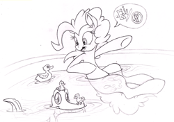 Size: 2126x1500 | Tagged: safe, artist:dfectivedvice, gummy, duck, animal, bath, grayscale, lineart, monochrome, pet, pictogram, speech bubble, traditional art, water