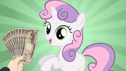 Size: 832x468 | Tagged: safe, sweetie belle, fistful of yen, meme, money, solo, what would x do for a fistful of yen?