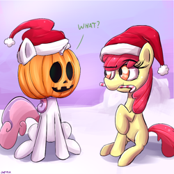 Size: 800x800 | Tagged: safe, artist:senx, derpibooru import, apple bloom, sweetie belle, halloween, hat, holiday, jack-o-lantern, pumpkin, santa hat, snow