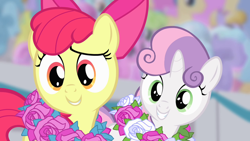 Size: 1280x720 | Tagged: safe, derpibooru import, screencap, apple bloom, sweetie belle, flight to the finish