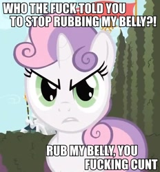 Size: 666x718 | Tagged: safe, sweetie belle, angry, angry belly rubs, bellyrubs, bronybait, frown, glare, image macro, looking at you, solo, vulgar