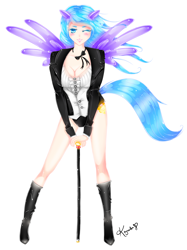 Size: 3408x4549 | Tagged: safe, artist:kayurita, derpibooru import, oc, oc only, oc:ishizko, human, breasts, cane, clothes, eared humanization, female, humanized, light skin, solo, tailed humanization, tuxedo, winged humanization, wink