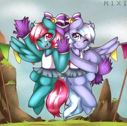 Size: 1280x1272 | Tagged: safe, artist:mixipony, derpibooru import, lilac sky, spring step, sunlight spring, rainbow falls, cheerleader, skirt, wink