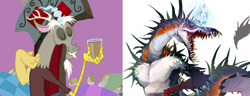 Size: 1780x681 | Tagged: safe, screencap, discord, draconequus, chaos, chocolate, chocolate milk, comparison, cropped, discord's throne, discorded landscape, drinking glass, headcanon, keketar, milk, pathfinder, protean, purple sky, theory