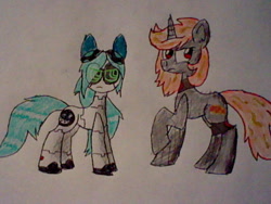 Size: 640x480 | Tagged: safe, artist:unicron, derpibooru import, oc, oc only, oc:cloudsmasher, oc:incendia, original species, pony, robot, traditional art