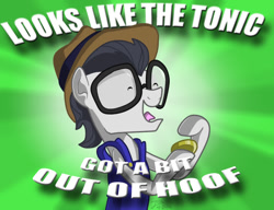 Size: 730x562 | Tagged: safe, artist:trace-101, silver shill, earth pony, pony, leap of faith, bits, eyes closed, glasses, green background, hat, male, pun, simple background, solo, stallion, tonic