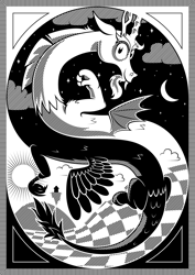 Size: 1400x1981 | Tagged: safe, artist:dahtamnay, discord, draconequus, black and white, day, duality, escheresque, featured on derpibooru, floating, flying, grayscale, impossible object, looking at you, m. c. escher, male, modern art, monochrome, night, non-euclidean, optical illusion, smiling, solo, style emulation, surreal, yin-yang