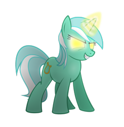 Size: 1600x1633 | Tagged: safe, artist:the smiling pony, derpibooru import, lyra heartstrings, pony, unicorn, angry, evil grin, glare, glowing eyes, glowing horn, grin, magic, simple background, smiling, solo, standing, transparent background