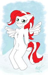 Size: 869x1347 | Tagged: safe, artist:axel-dk64, oc, oc only, oc:peppermint pattie, pony, belly button, bipedal, chest fluff, sitting, smiling, solo