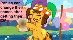 Size: 911x508 | Tagged: safe, cheese sandwich, earth pony, pony, pinkie pride, brown mane, brown tail, colt, detailed background, eyes closed, glasses, headcanon, male, orange coat, sandwich, solo, text