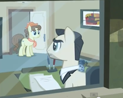 Size: 414x331 | Tagged: safe, derpibooru import, screencap, pegasus olsen, earth pony, pony, rarity takes manehattan, background pony, business savvy, desk, don draper, female, mad men, male, mare, office, peggy holstein, peggy olson, phone, shout out, stallion, telephone