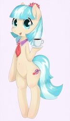 Size: 1050x1800 | Tagged: safe, artist:zokkili, derpibooru import, coco pommel, pony, rarity takes manehattan, belly button, bipedal, coffee, solo