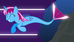 Size: 11200x6400 | Tagged: safe, artist:parclytaxel, derpibooru import, oc, oc only, oc:parcly taxel, hippocampus, merpony, .svg available, absurd resolution, albumin flask, bioluminescent, lights, rock, solo, species swap, swimming, underwater, vector