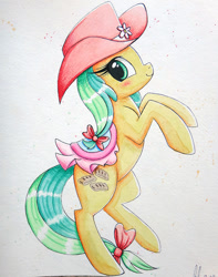 Size: 643x817 | Tagged: safe, artist:prettypinkpony, derpibooru import, apple fritter, apple family member, bow, hat, rearing, saddle, solo, tail bow, traditional art