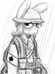 Size: 500x667 | Tagged: safe, artist:gordonfreeguy, oc, oc only, oc:charlie foxtrot, mule, pony, bipedal, clothes, combat medic, helmet, medic, military, monochrome, rain, solo, uniform