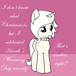 Size: 3500x3500 | Tagged: safe, artist:ivorylace, artist:katiespalace, derpibooru import, oc, oc only, oc:ivory lace, pony, unicorn, ask, christmas, dialogue, female, hearth's warming eve, mare, necklace, solo, text, tumblr