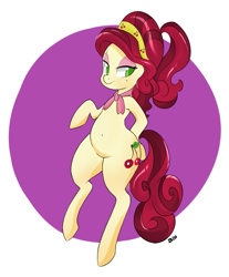 Size: 927x1117 | Tagged: safe, artist:hidden-cat, cherry jubilee, pony, belly button, bipedal, solo