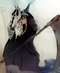 Size: 562x680 | Tagged: safe, artist:pasikon, derpibooru import, discord, grim reaper, mask, screaming, scythe, solo