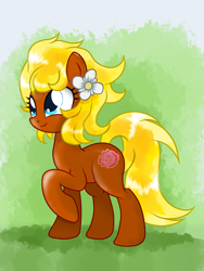 Size: 1536x2048 | Tagged: safe, artist:ruhisu, caramel, oc, oc only, oc:rose, pony, blonde, blonde hair, commission, cute, female, flower, mare, raised hoof, smiling, solo, spring, standing, sunny