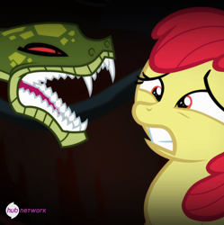 Size: 546x549 | Tagged: safe, screencap, apple bloom, chimera sisters, chimera, earth pony, pony, snake, somepony to watch over me, cropped, duo, fangs, female, filly, hub logo, hub network, multiple heads, open mouth, scared, the hub, three heads