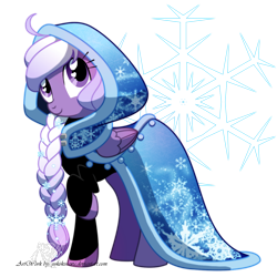 Size: 1200x1200 | Tagged: safe, artist:yokokinawa, derpibooru import, oc, oc only, oc:yoko, pegasus, pony, braid, clothes, crossover, elsa, female, frozen (movie), mare, simple background, snow, snowflake, solo, transparent background