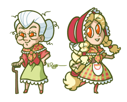 Size: 500x400 | Tagged: safe, artist:the-knick, granny smith, human, adorasmith, bonnet, cane, clothes, cute, dress, humanized, light skin, no pupils, time paradox, young granny smith