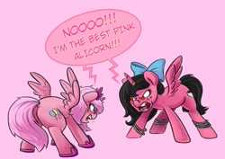 Size: 1228x868 | Tagged: safe, artist:highwaytotartarus, oc, oc only, alicorn, pony, alicorn oc, angry, drama, eye contact, glare, open mouth, pinkiepony, rina-chan, spread wings, standing, yelling