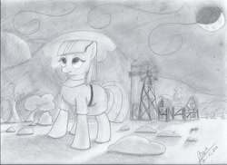 Size: 3507x2550 | Tagged: safe, artist:hoseakm, artist:josexm, maud pie, monochrome, night, rock farm, sketch, solo, traditional art