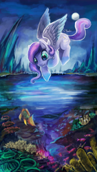 Size: 1620x2880 | Tagged: safe, artist:r0b0tassassin, oc, oc only, fish, pegasus, pony, cliff, flying, moon, solo, traditional art, water