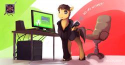 Size: 1920x996 | Tagged: safe, artist:mechagen, oc, oc only, earth pony, pony, cellphone, computer, hoof hold, office chair, solo