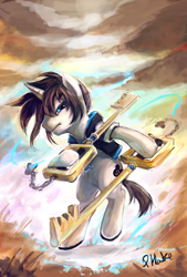 Size: 1578x2340 | Tagged: safe, artist:r0b0tassassin, oc, oc only, pony, unicorn, bipedal, keyblade, kingdom hearts, solo, weapon