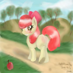 Size: 600x600 | Tagged: safe, artist:doubt, apple bloom, earth pony, pony, apple, apple bloom's bow, female, red mane, solo, yellow coat